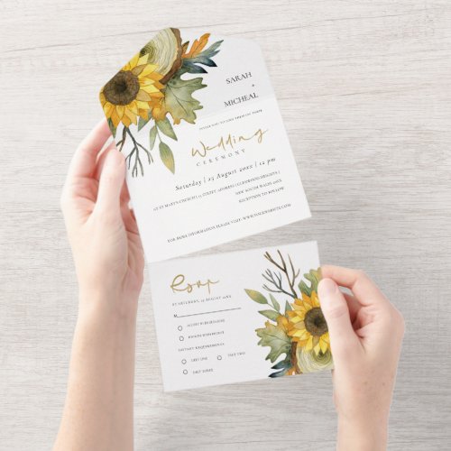 AUTUMN LEAVES SUNFLOWER WOODEN LOG FLORAL WEDDING  ALL IN ONE INVITATION