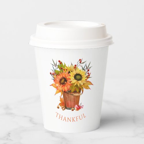 Autumn Leaves Sunflowers in Wooden Bucket Thankful Paper Cups