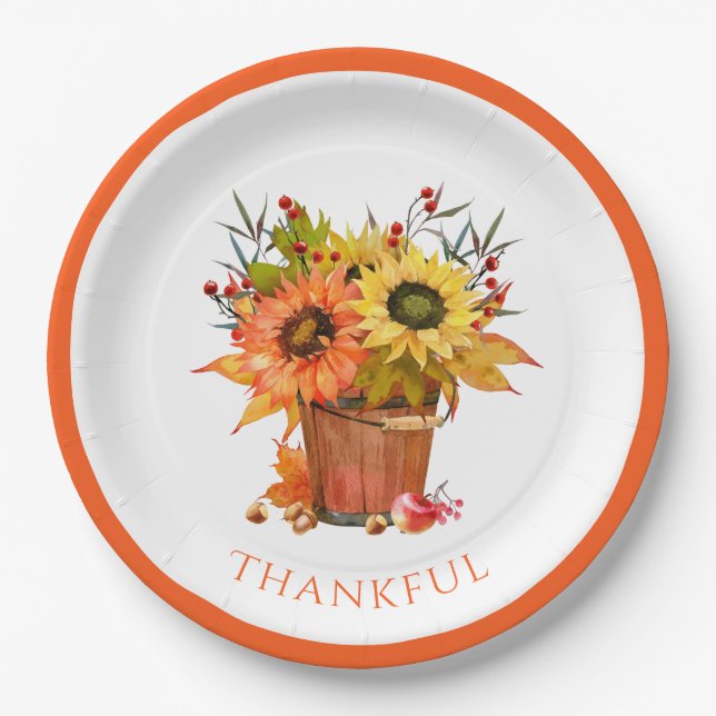 Autumn Leaves Sunflowers in Wooden Bucket Thankful Paper Plates (Front)