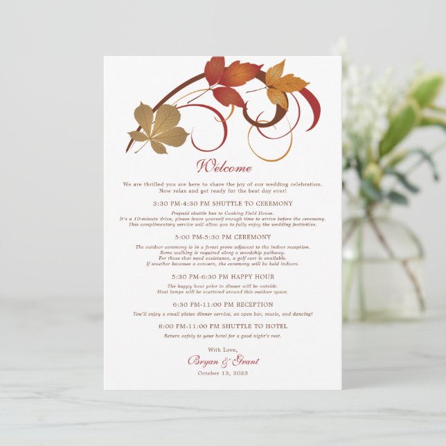 Autumn Leaves Swirl Wedding Welcome Card (Standing Front)