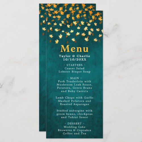 Autumn Leaves Teal Blue and Gold Wedding Menu