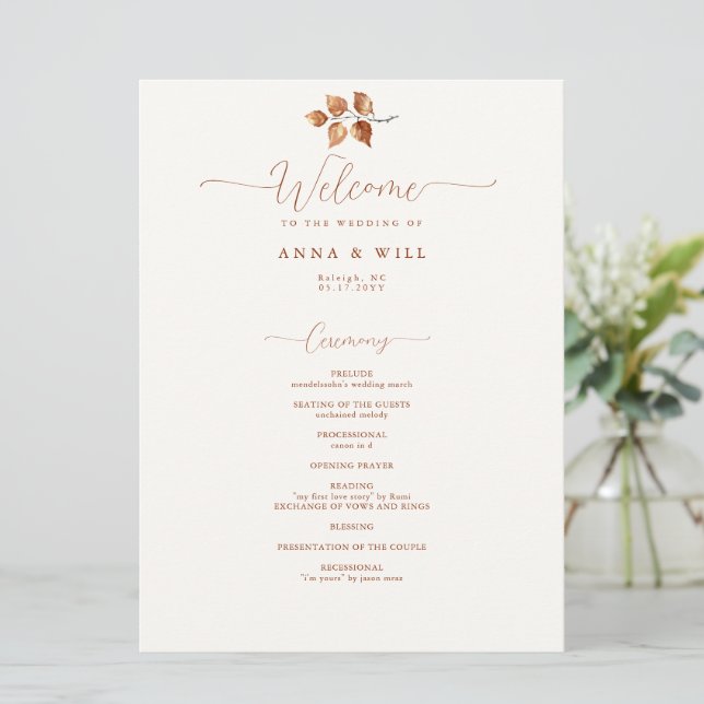 Autumn Leaves Terracotta Elegant Wedding Ceremony Program (Standing Front)