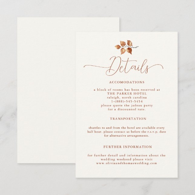 Autumn Leaves Terracotta Elegant Wedding Details Enclosure Card (Front/Back)