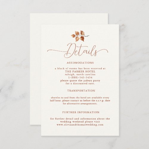 Autumn Leaves Terracotta Elegant Wedding Details Enclosure Card