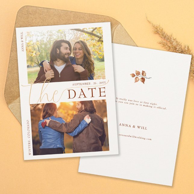 Autumn Leaves Terracotta Modern Fall Wedding Photo Save The Date (Autumn Leaves Fall Wedding Photo Save the Date Elegant Modern Calligraphy Terracotta Foliage Orange)
