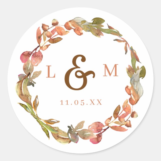 Autumn Leaves Terracotta Monogram Wedding Classic Round Sticker (Front)