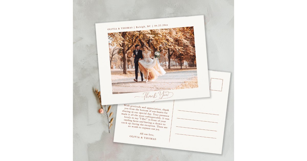 Autumn Leaves Terracotta Wedding Photo Thank You Postcard | Zazzle