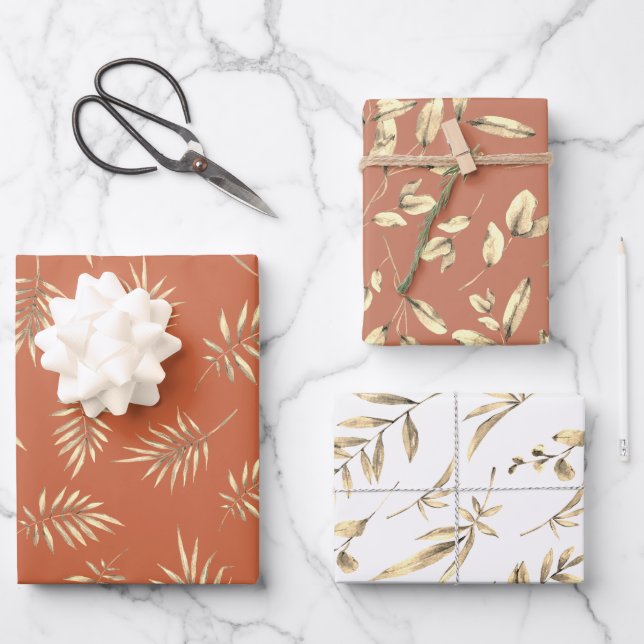 Autumn Leaves Terracotta Wrapping Paper Sheets (Front)