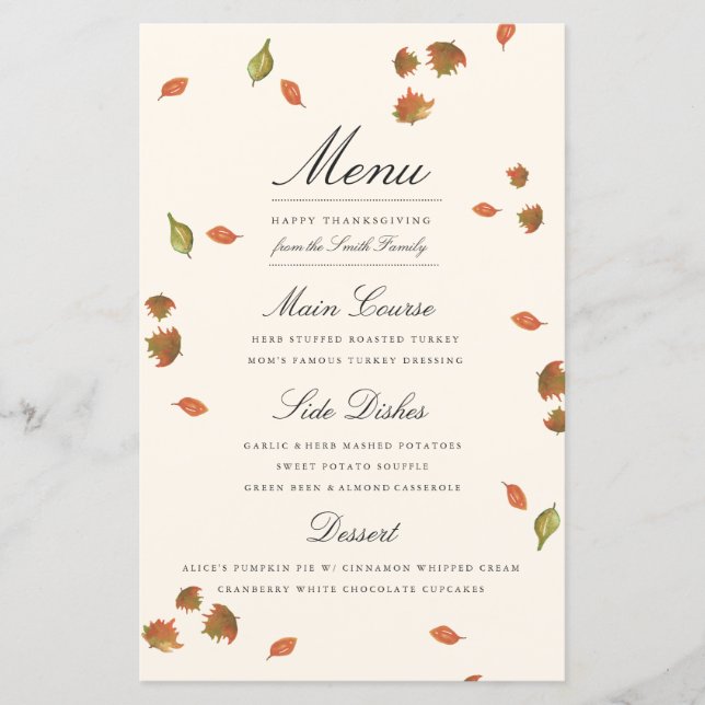 Autumn Leaves Thanksgiving Menu (Front)