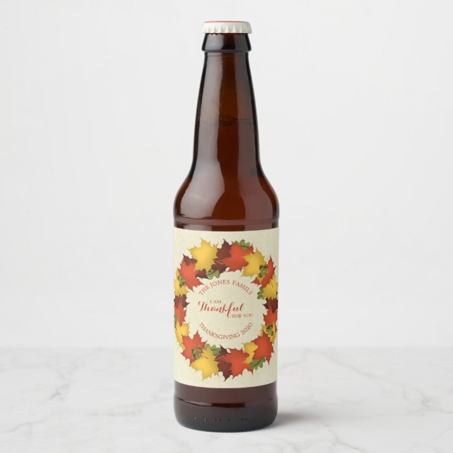 Autumn Leaves Thanksgiving Wreath Beer Bottle Label (Front)