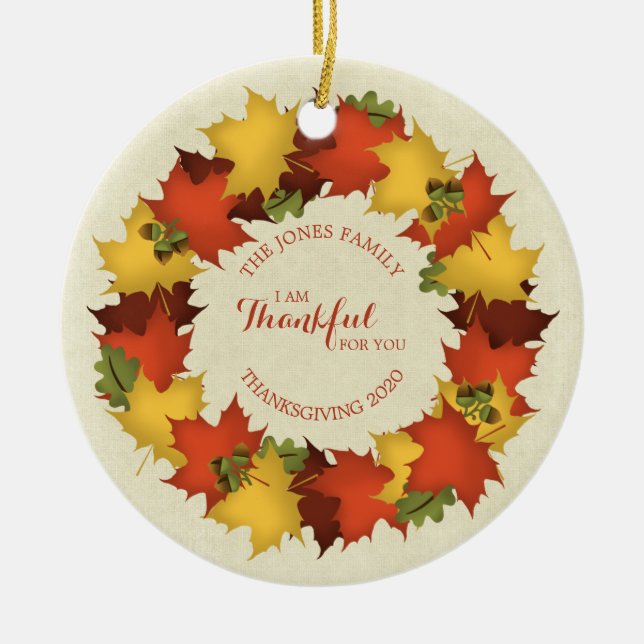 Autumn Leaves Thanksgiving Wreath Ceramic Ornament (Front)