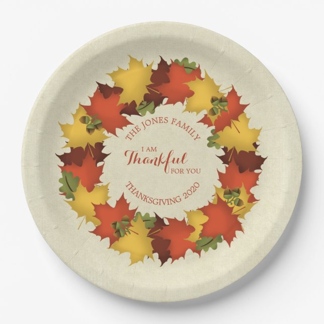 Autumn Leaves Thanksgiving Wreath Paper Plates (Front)