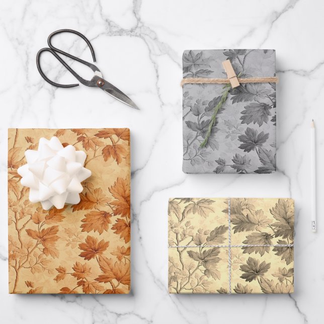 Autumn leaves themed modern Toile de Jouy pattern Wrapping Paper Sheets (Front)