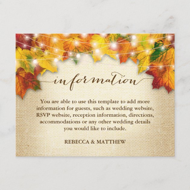 Autumn Leaves Twinkle Lights Burlap Wedding Info Enclosure Card