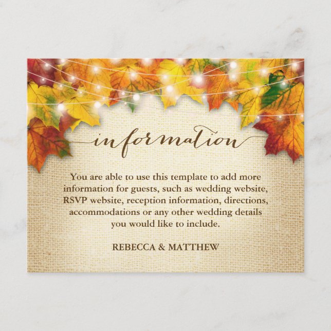 Autumn Leaves Twinkle Lights Burlap Wedding Info Enclosure Card (Front)