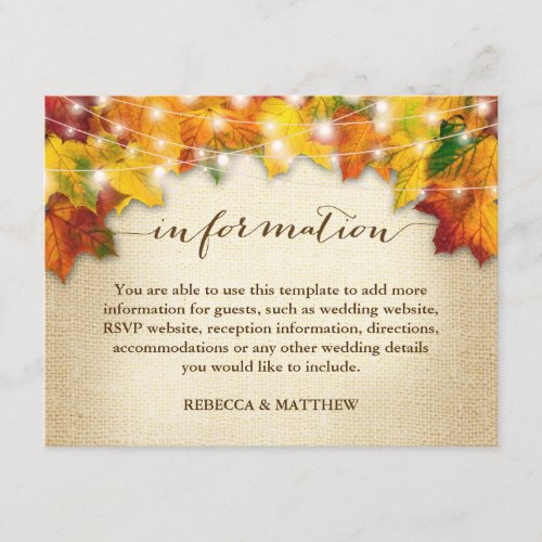 Autumn Leaves Twinkle Lights Burlap Wedding Info Enclosure Card