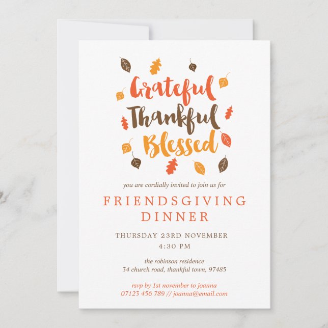 Autumn Leaves Typographic Friendsgiving Dinner Invitation (Front)