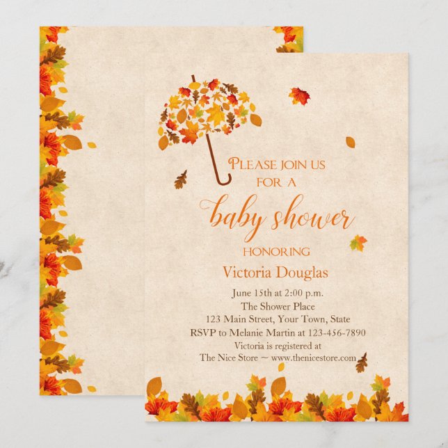Autumn Leaves Umbrella Baby Shower Invitation (Front/Back)