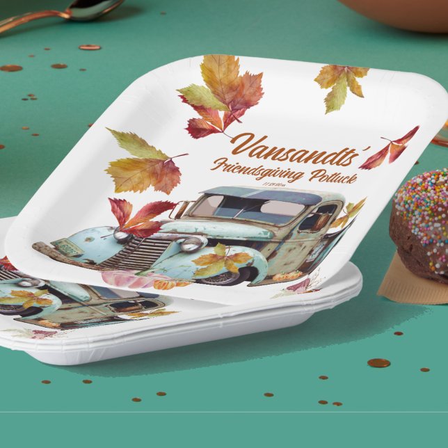 Autumn Leaves Vintage Blue Truck Pumpkins Paper Plates (Creator Uploaded)