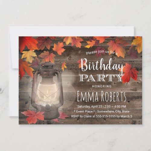 Autumn Leaves Vintage Lantern Rustic Birthday Invitation