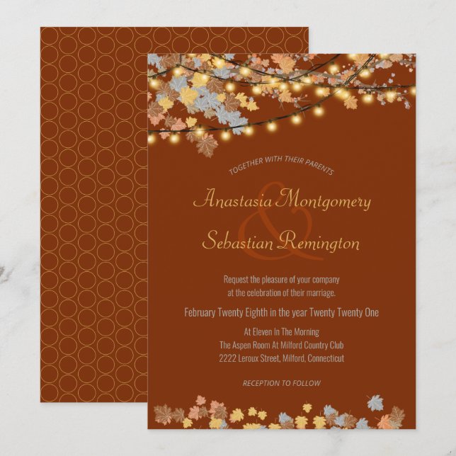 Autumn Leaves Vintage Lights Wedding Ceremony Invitation (Front/Back)