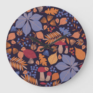 Autumn Leaves, Vintage Mushroom Illustration. Large Clock