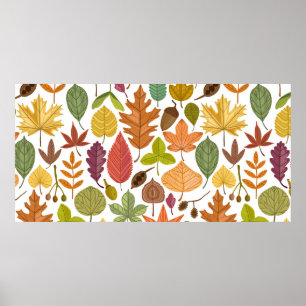Autumn leaves vintage seamless pattern on white ba poster