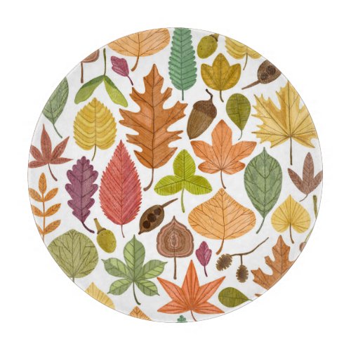 Autumn leaves vintage white background cutting board