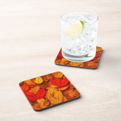 Autumn Leaves Warm Red Orange Yellow Pattern Beverage Coaster