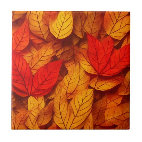 Autumn Leaves Warm Red Orange Yellow Pattern Ceramic Tile