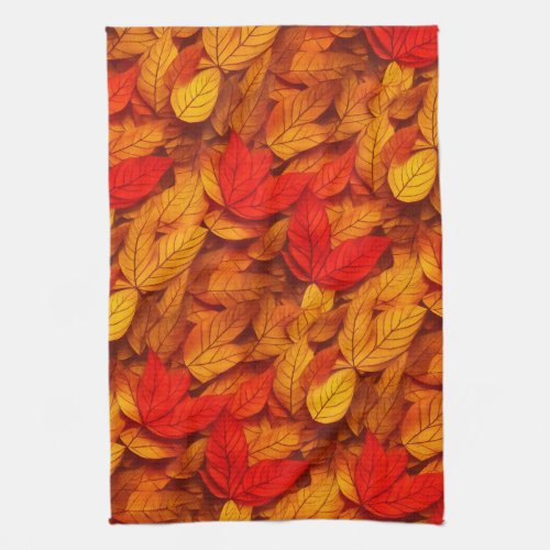 Autumn Leaves Warm Red Orange Yellow Pattern Kitchen Towel