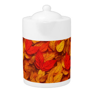 Autumn Leaves Warm Red Orange Yellow Pattern Teapot