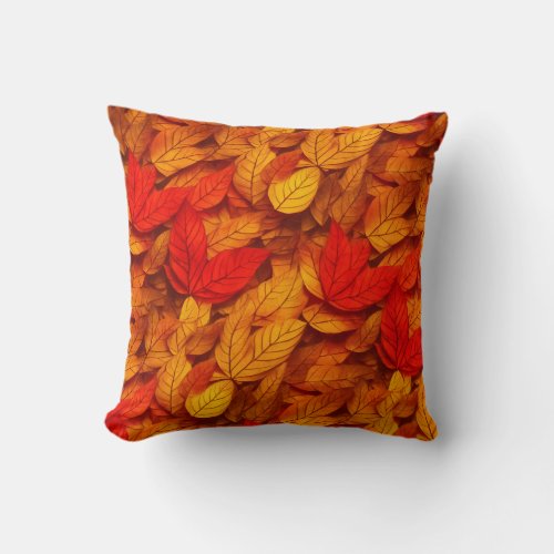 Autumn Leaves Warm Red Orange Yellow Pattern Throw Pillow