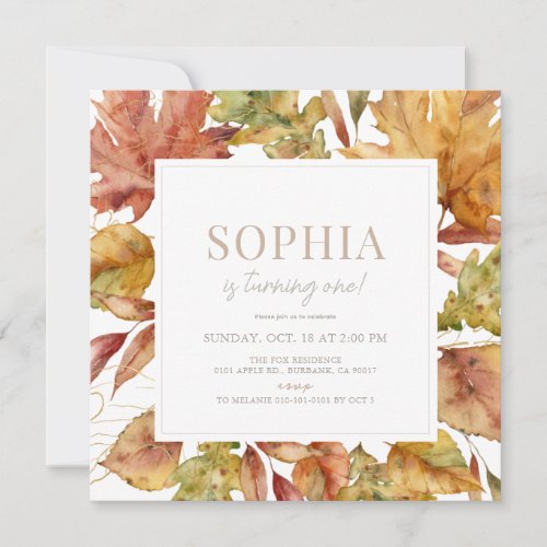 Autumn Leaves Watercolor 1st Birthday Invitation