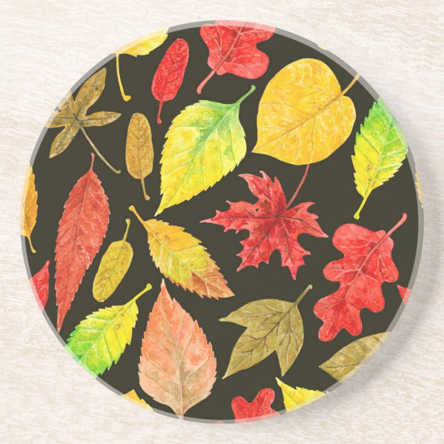 Autumn leaves watercolor dark drink coaster (Front)