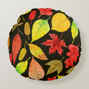 Autumn leaves watercolor dark round pillow