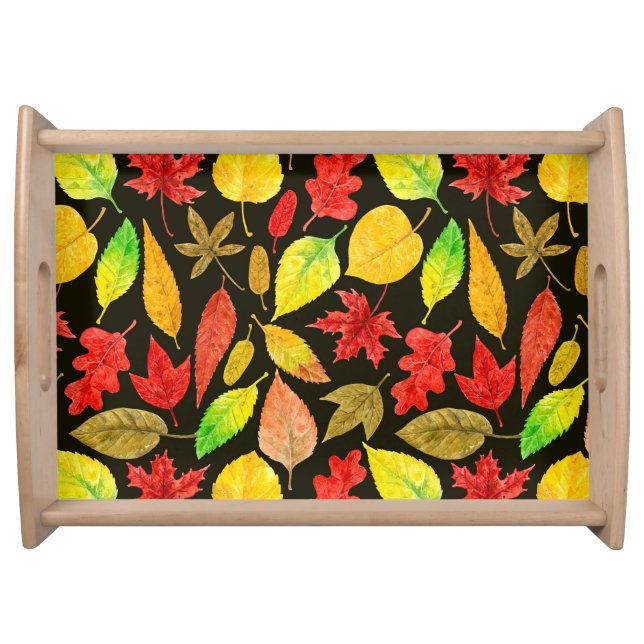 Autumn leaves watercolor dark serving tray (Front)