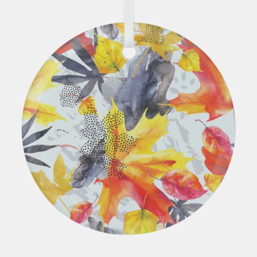 Autumn Leaves Watercolor Fall Pattern Glass Ornament