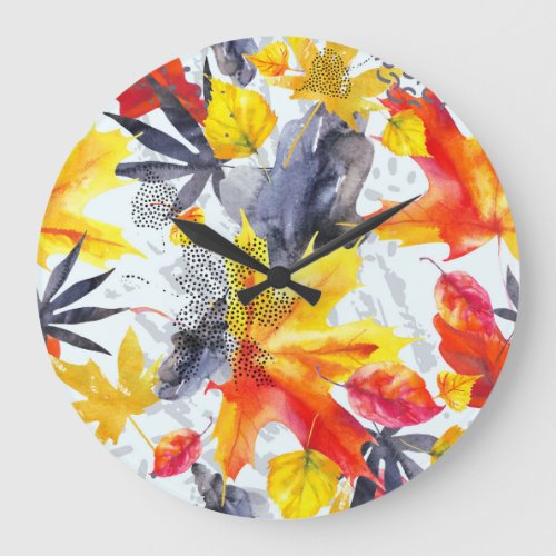Autumn Leaves Watercolor Fall Pattern Large Clock