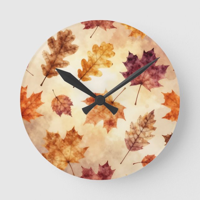 Autumn Leaves Watercolor Fall Pattern Round Clock (Front)