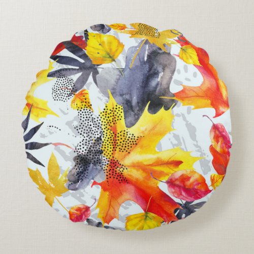 Autumn Leaves Watercolor Fall Pattern Round Pillow