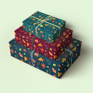 Autumn Leaves Watercolor Trio Patterns Wrapping Paper Sheets