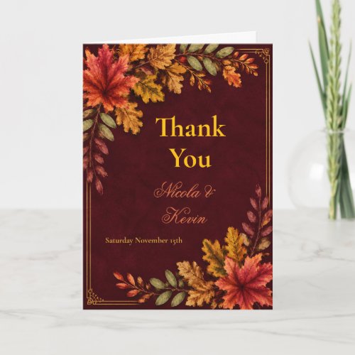 Autumn Leaves Wedding Burgundy Thank You Card