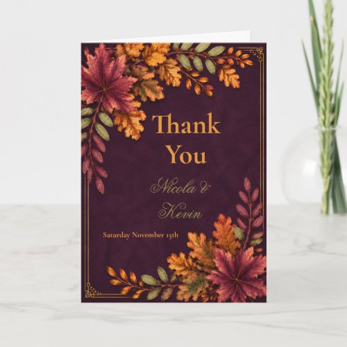 Autumn Leaves Wedding Deep Plum Thank You Card