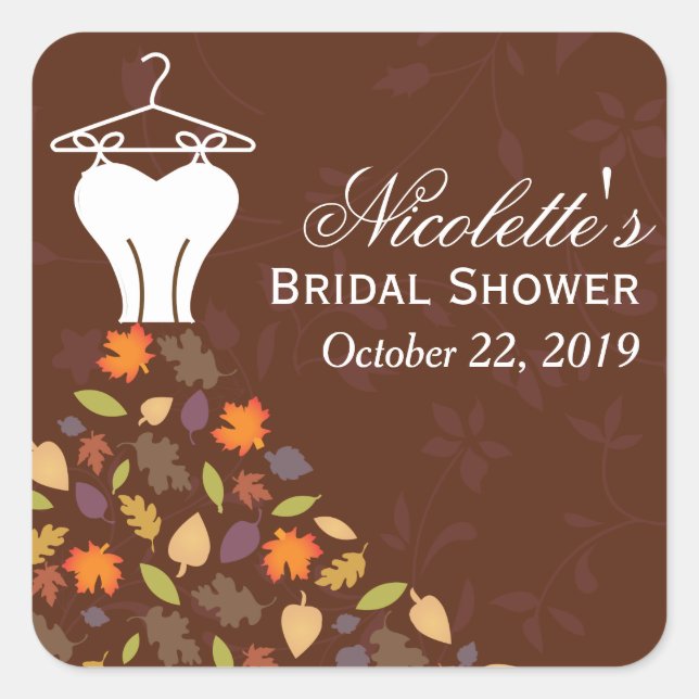 Autumn Leaves Wedding Dress Bridal Shower Favor Square Sticker (Front)