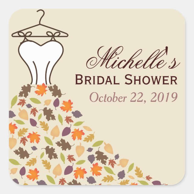 Autumn Leaves Wedding Dress Bridal Shower Favor Square Sticker (Front)