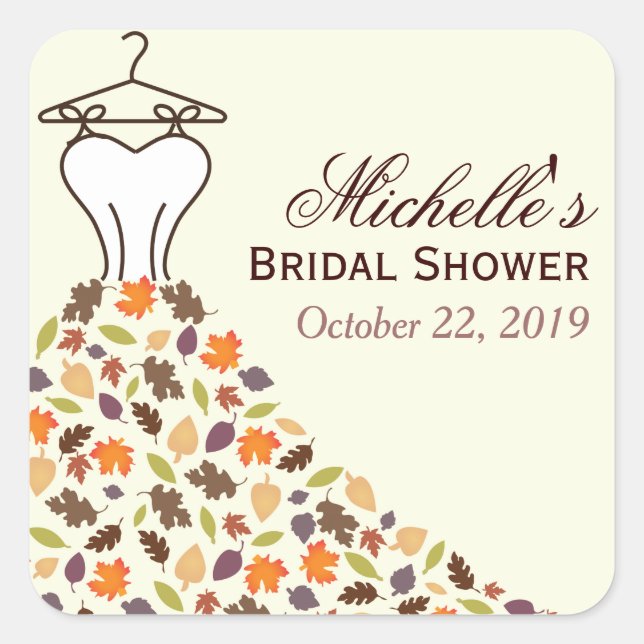 Autumn Leaves Wedding Dress Bridal Shower Favor Square Sticker (Front)