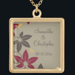 Autumn Leaves Wedding Gold Plated Necklace<br><div class="desc">An elegant design for a Fall Wedding with leaves in the autumn colors of yellow, red and brown falling with green flourishes on an olive green background. The color of the text coordinates with the color of the dark leaves. Fully customizable for your own special occasion. This coordinates with the...</div>