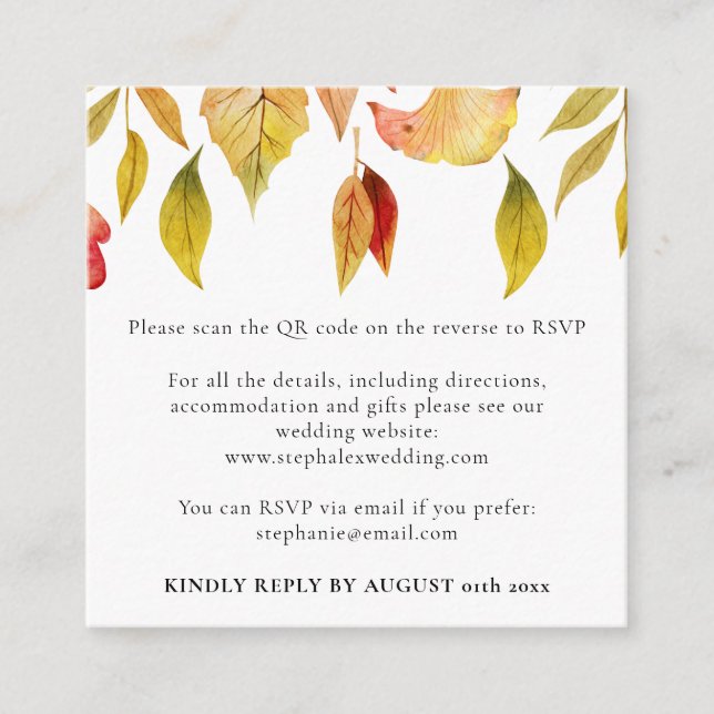 Autumn Leaves Wedding QR Code RSVP Square Enclosure Card (Front)