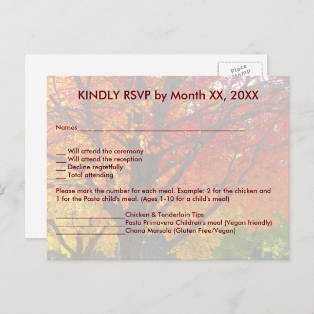 Autumn Leaves Wedding RSVP Menu Postcard (Front/Back)